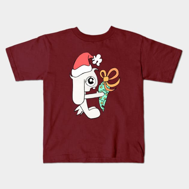 Bunny Christmas Present Kids T-Shirt by badlydrawnbabe